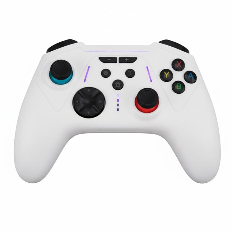 White wireless game controller with dual thumbsticks, ABXY buttons, and purple accents