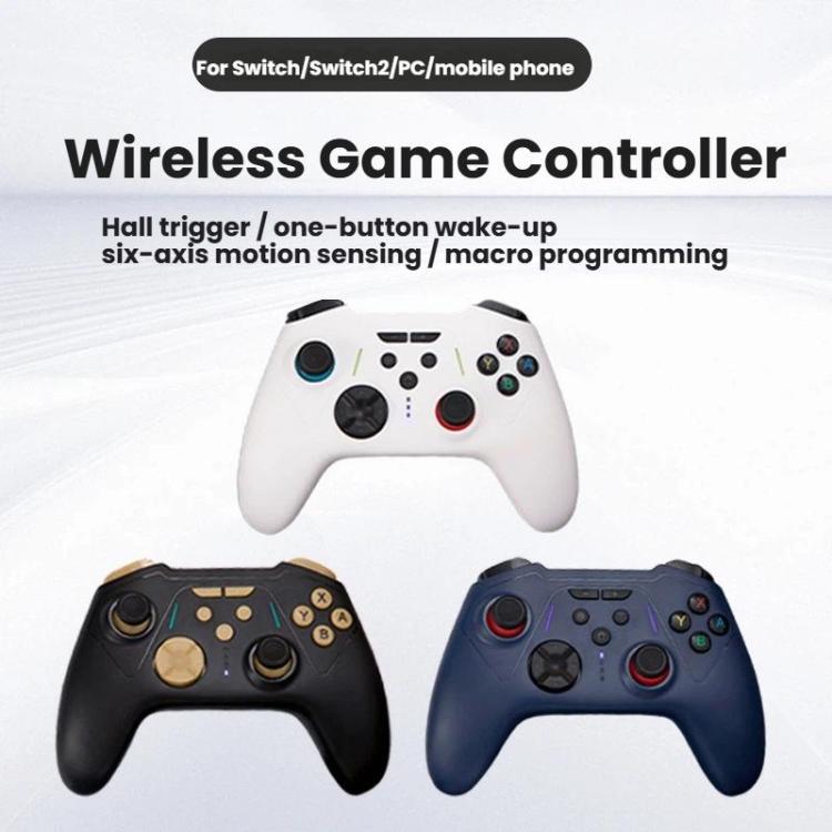 Wireless game controller shown in three colors: white, black, and blue