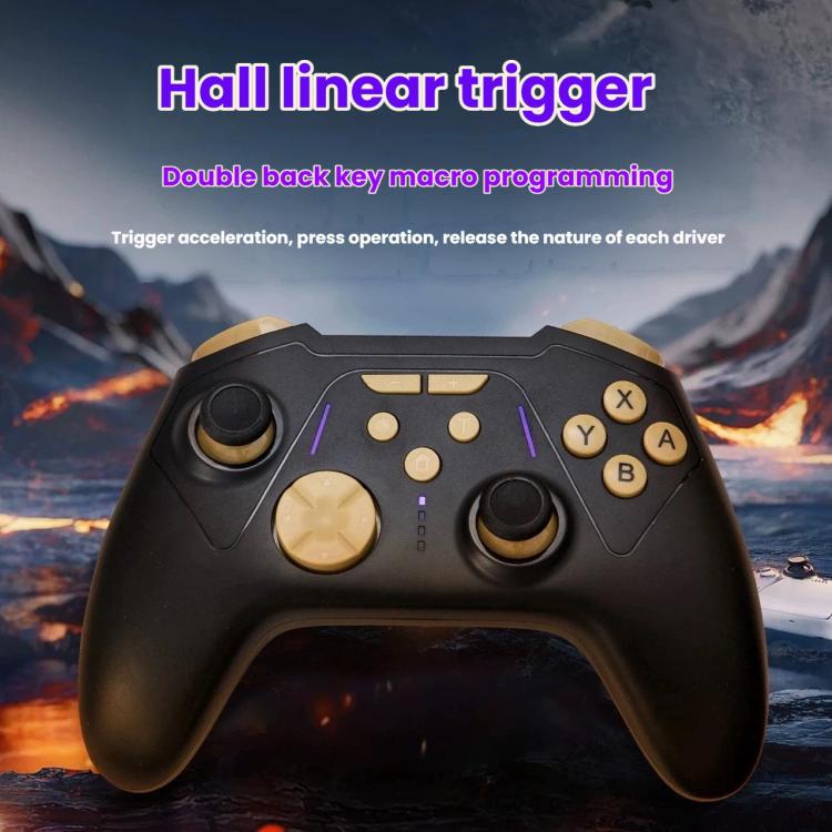 Black wireless game controller with golden thumbsticks, ABXY buttons, and purple lines