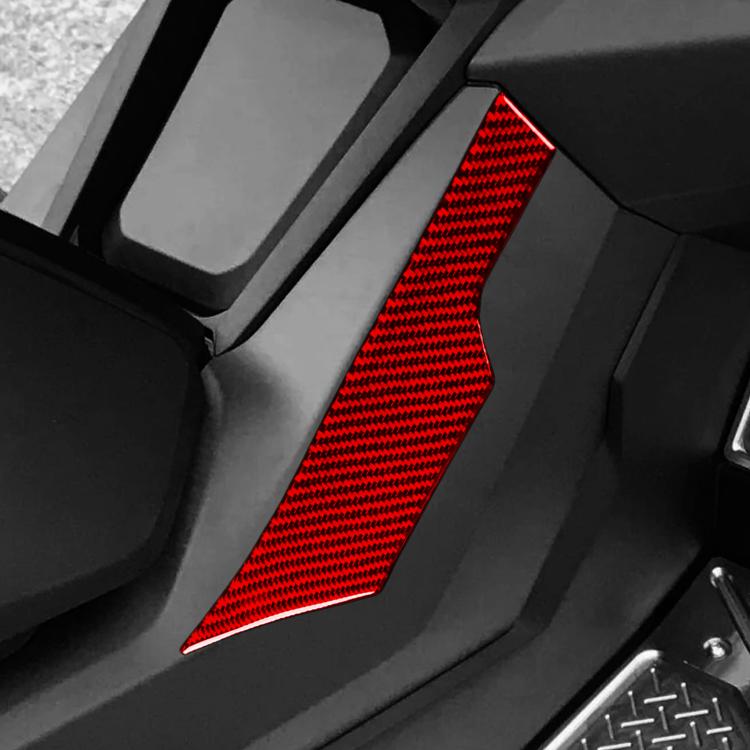 Red carbon-fiber side tunnel protection sticker installed on motorcycle side panel