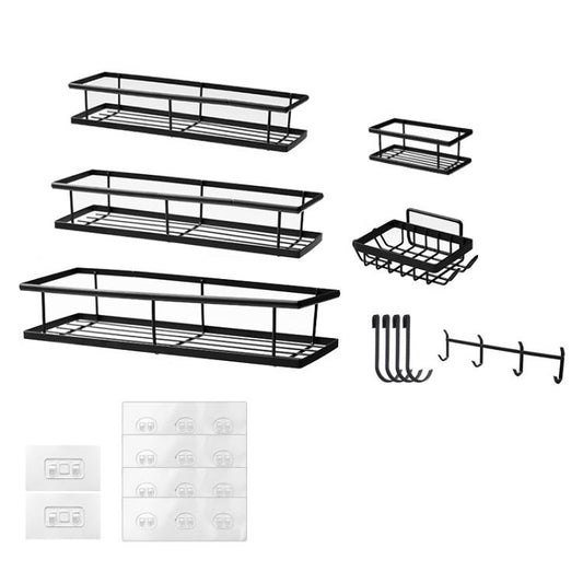 Wall-mounted punch-free bathroom storage rack set with shelves and mounting hooks