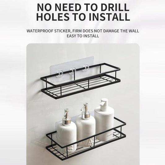 Wall-mounted punch-free bathroom storage rack with two black metal shelves