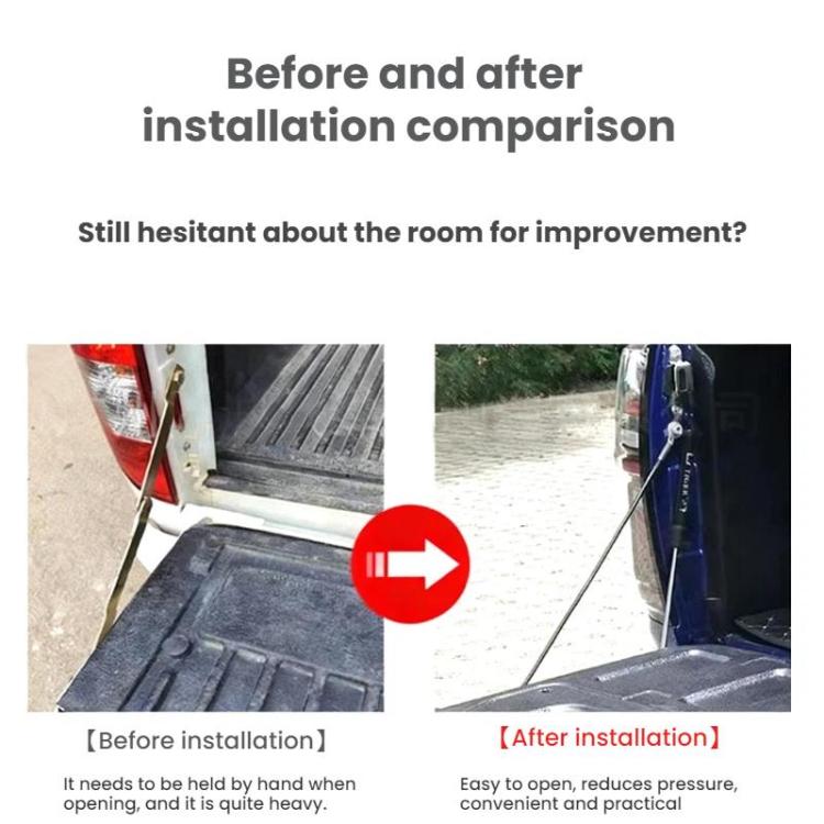 Pickup tailgate with installed hydraulic lever, before-and-after comparison view