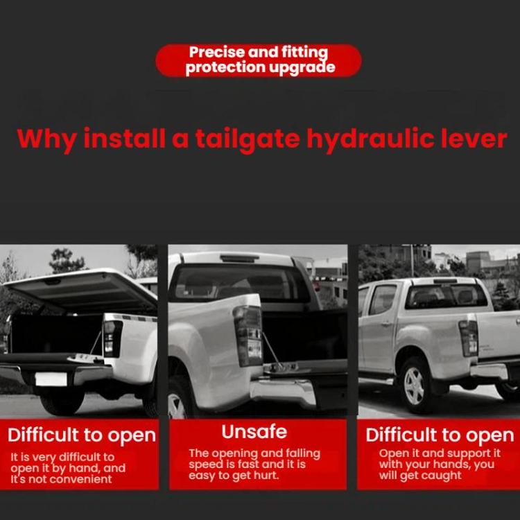Pickup tailgate hydraulic lever promotional comparison collage, trucks shown from rear
