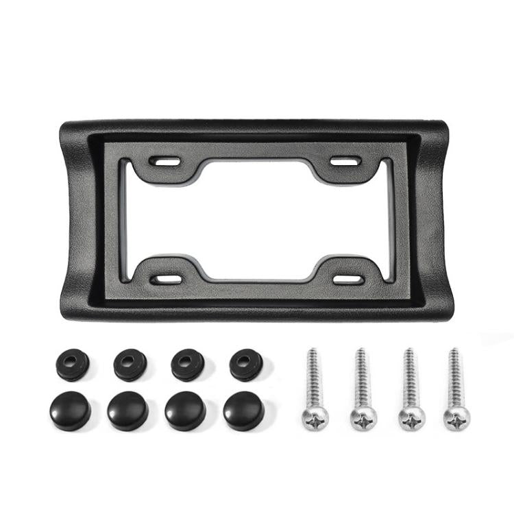 US license plate frame holder set with black frame, caps, and mounting screws