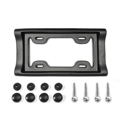US license plate frame holder set with black frame, caps, and mounting screws