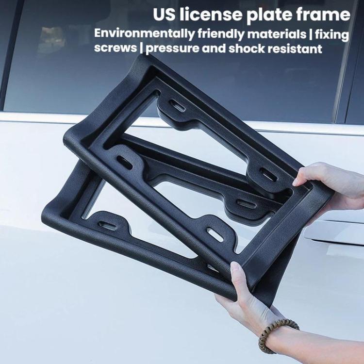 Black US license plate frame holder with mounting holes and inset reinforcement bars