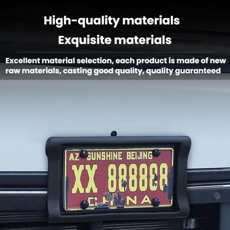 Black US license plate frame holder with license plate mounted in the center