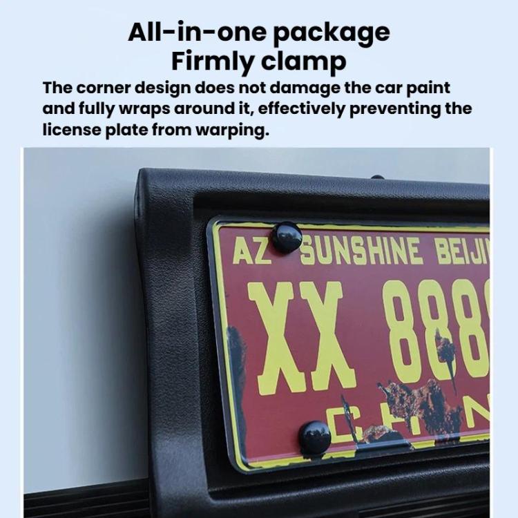 Black US license plate frame holder with rounded corner wrap around the plate edge
