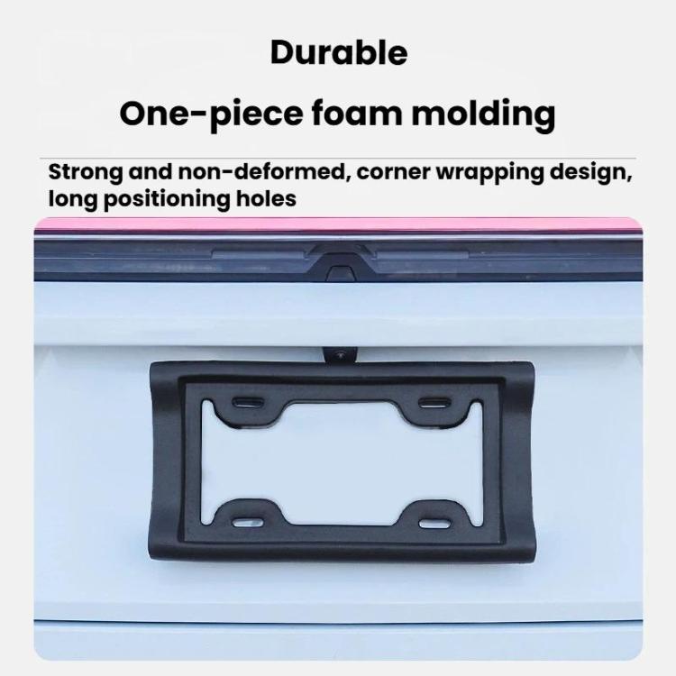 Black US license plate frame holder with one-piece foam molding and long positioning holes