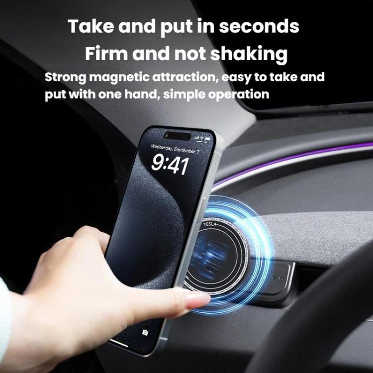 Black magnetic dashboard phone holder with a smartphone on the magnetic mount