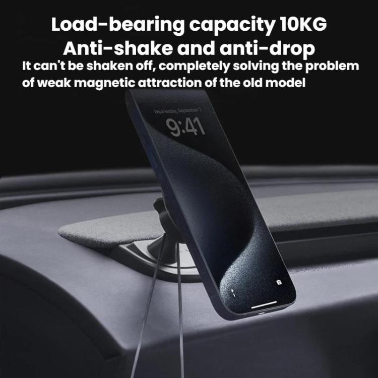 Magnetic dashboard phone holder with stand and base, holding a phone securely in place