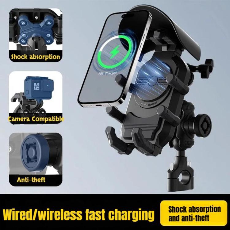 Motorcycle phone holder with sun visor and wireless charging cradle holding a phone