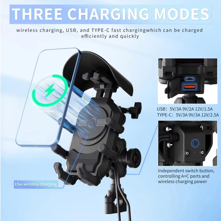 Wireless motorcycle phone holder with sun visor and visible charging ports