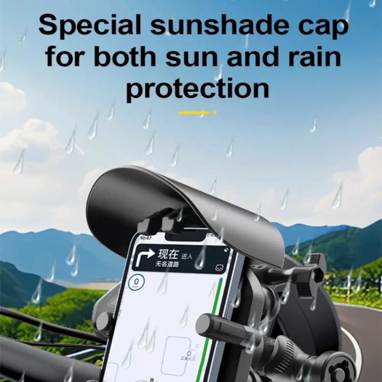 Motorcycle phone holder with sunshade cap protecting a mounted phone from rain