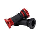Red and black press-fit threaded bike bottom bracket cartridge shown at an angle