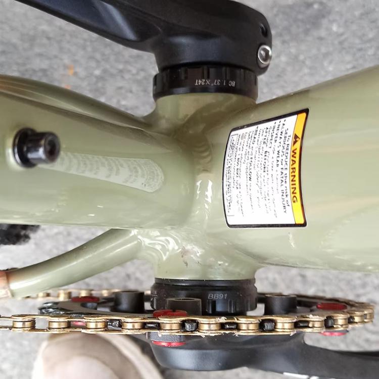 Bike bottom bracket area with black press-fit cartridge installed