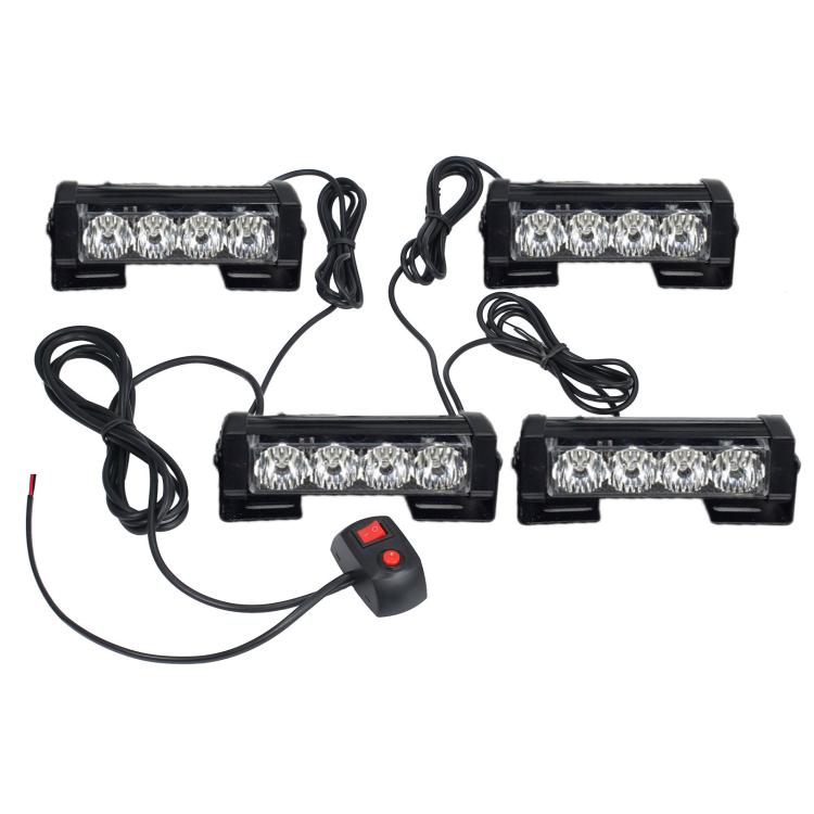 Car warning LED light set with four black light bars, cables, and remote switch