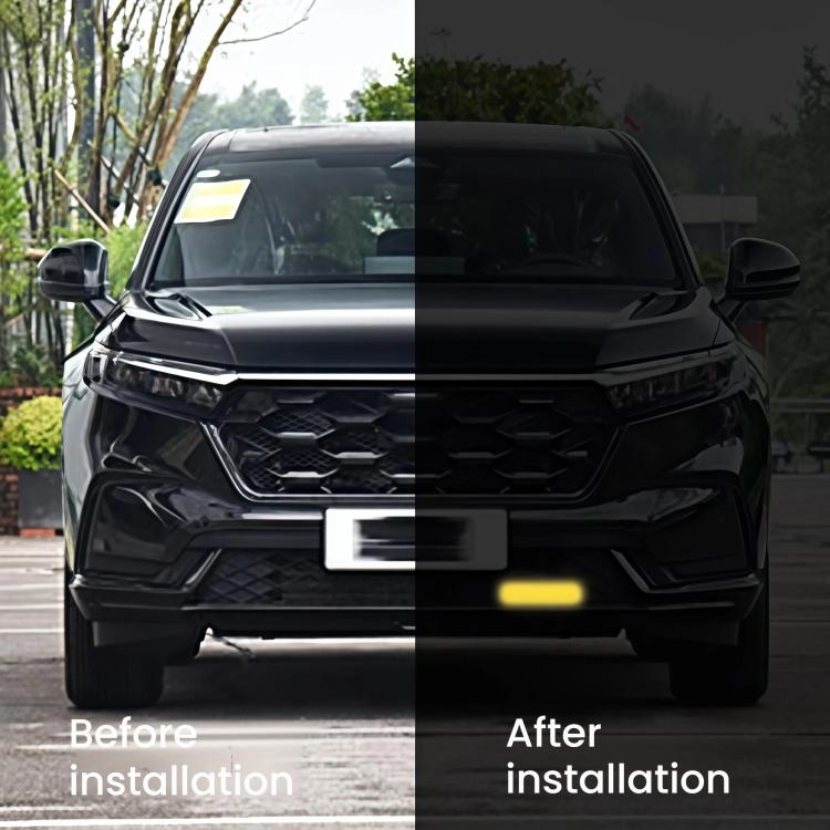 Front of a car with installed LED warning lights glowing near the grille
