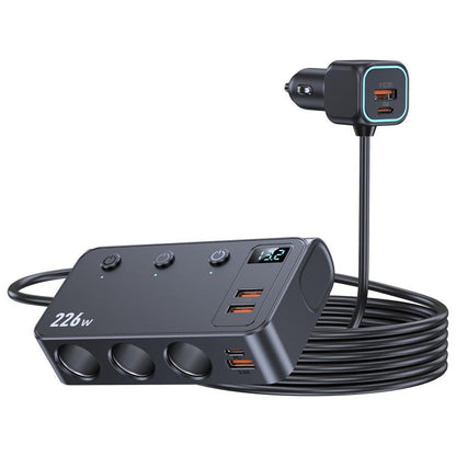 3-in-1 car charger with digital display, three lighter sockets, and dual USB ports