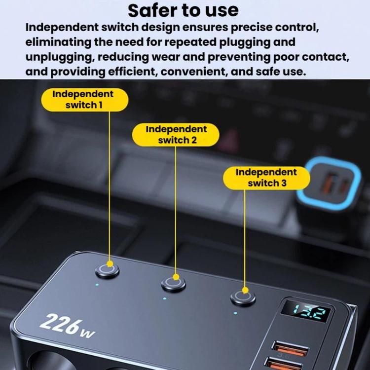Car charger with three independent switches and LED voltage display
