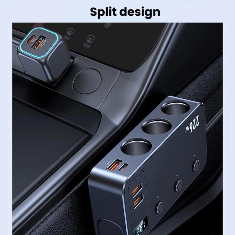 Car charger with split socket layout, four USB ports, and LED digital voltage screen