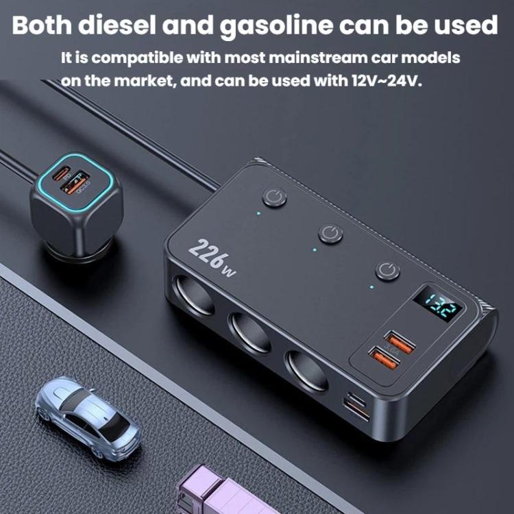 Car charger hub with 226W panel, three lighter sockets, and dual USB ports