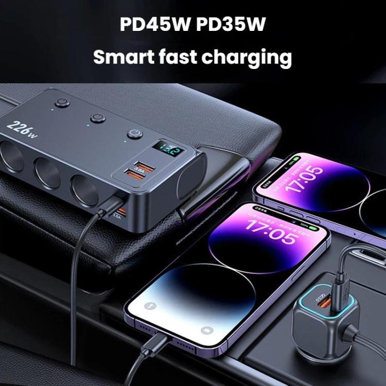 Car charger with PD fast-charging ports and LED display powering connected phones
