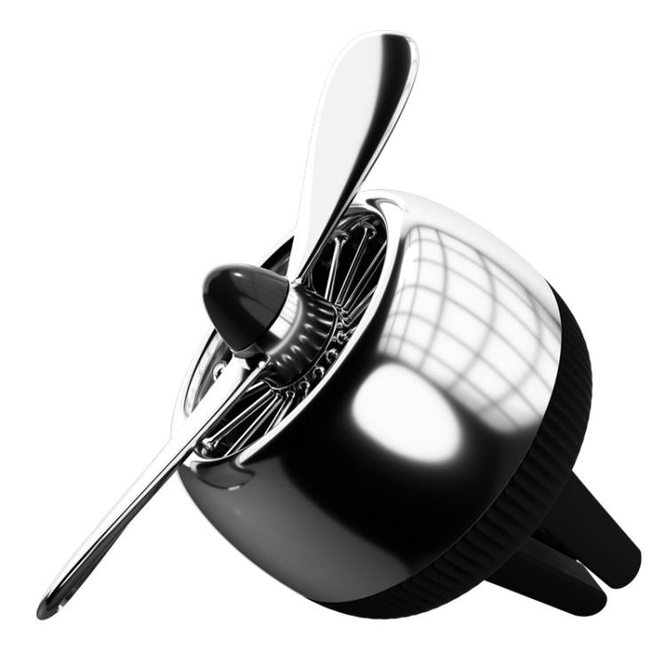 Black car air vent air freshener ornament with silver cap and curved fins