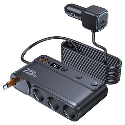 Black 3-port retractable car cigarette lighter charger with USB and voltage display