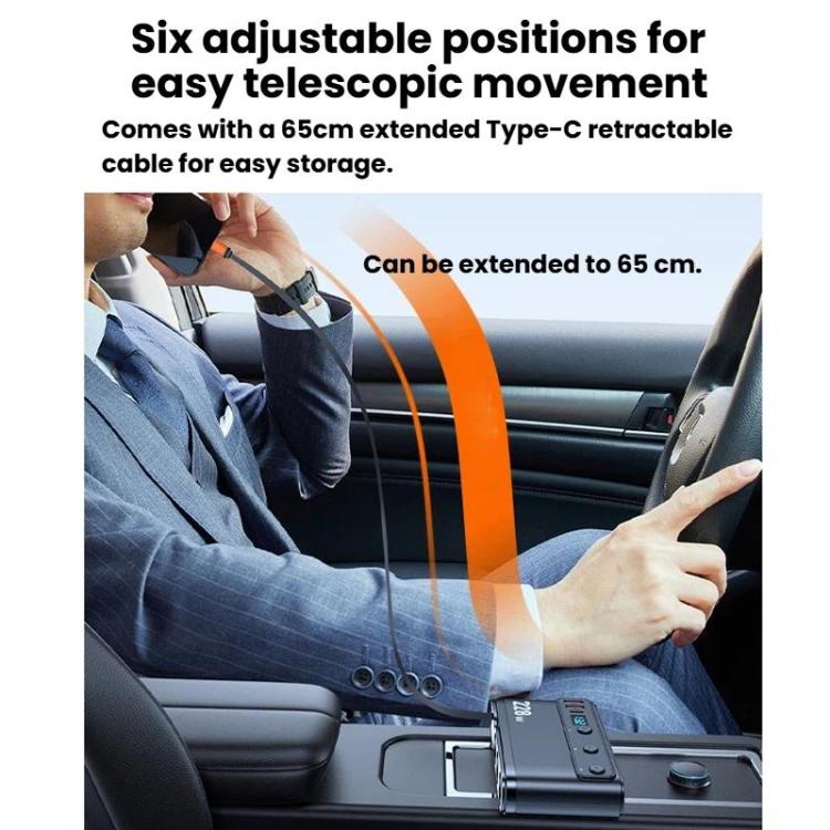 Retractable car charger with 65 cm Type-C cable extended for in-car charging