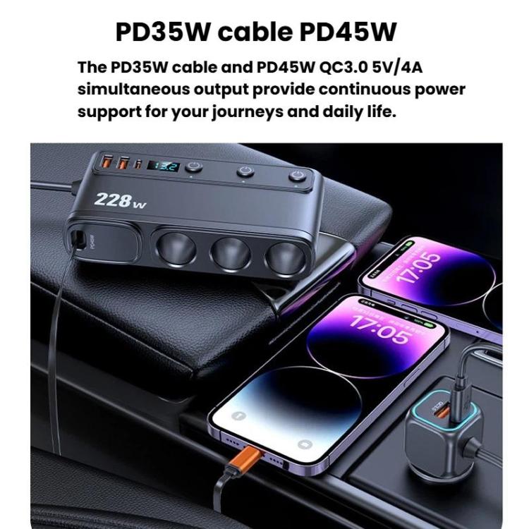 228W retractable car charger with multiple ports charging two smartphones