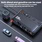 Black 228W car charger hub with three sockets, retractable cable, and digital screen