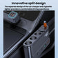 Split-design car cigarette lighter charger with three sockets and USB ports, blue display