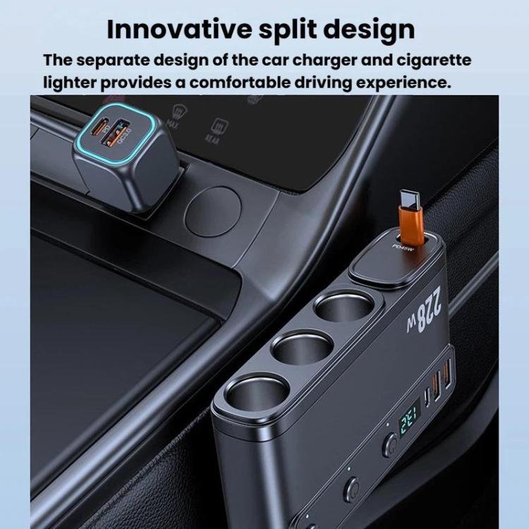 Split-design car cigarette lighter charger with three sockets and USB ports, blue display