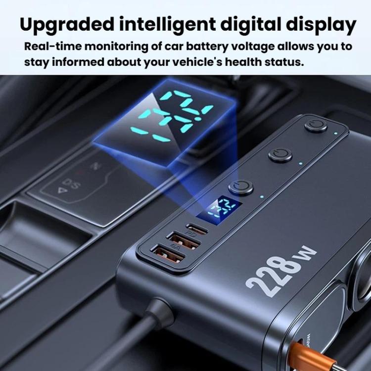228W car cigarette lighter charger with digital voltage display, three outlets, USB ports