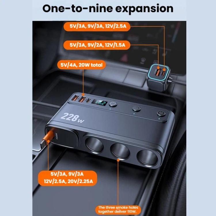 Car cigarette lighter charger with three sockets and multiple USB ports, 228W