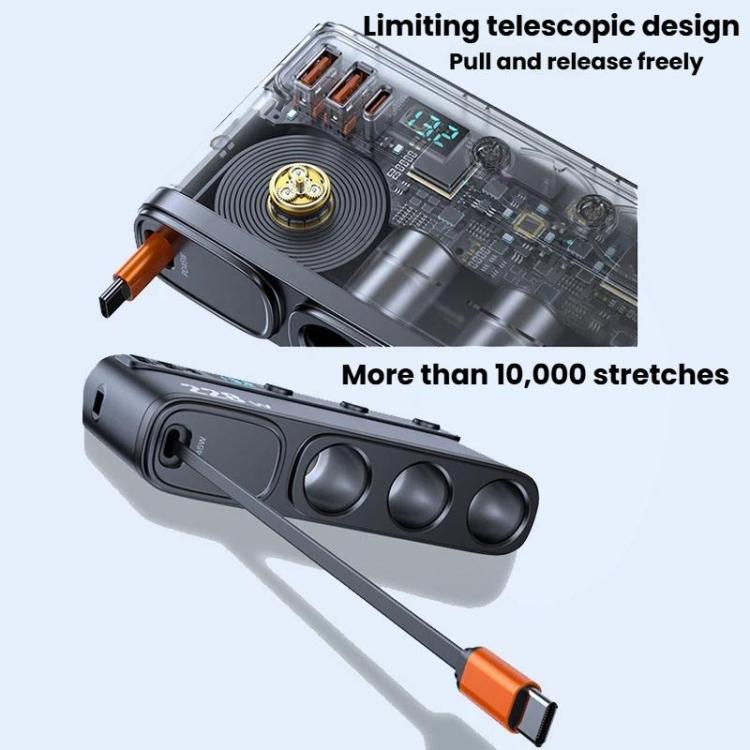 Retractable telescopic 228W car cigarette lighter charger with three sockets and USB ports