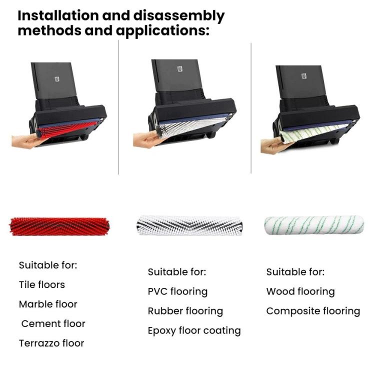 Floor scrubber roller brush refills shown: red, black-and-white, and green microfiber