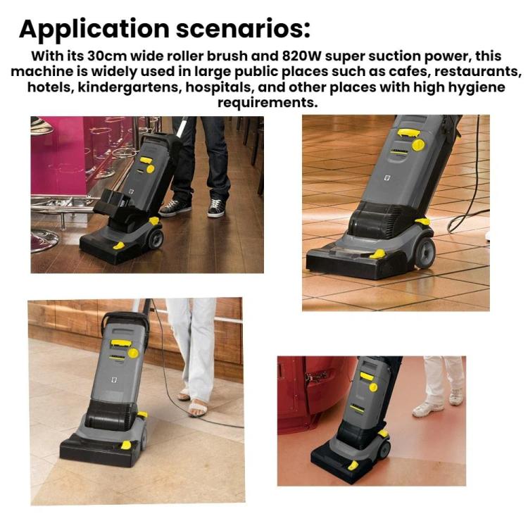Floor scrubber with installed roller brush attachment for cleaning floors
