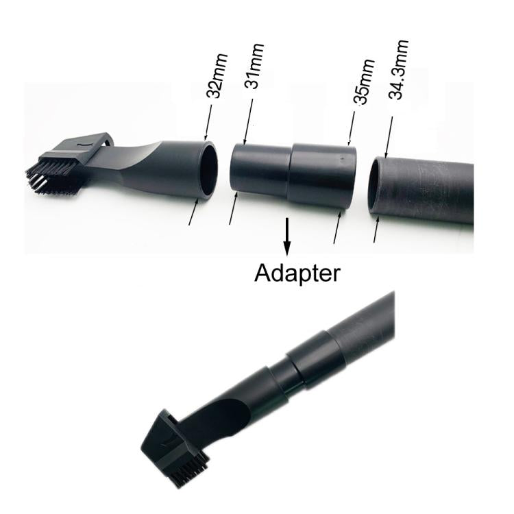Vacuum brush attachments with adapter and labeled connector sizes, black plastic
