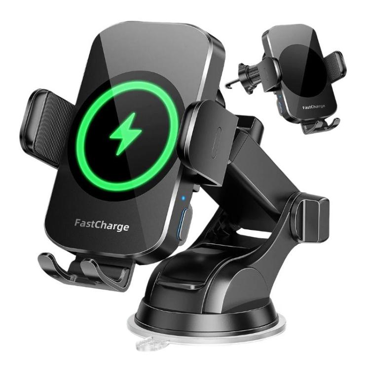 Wireless car phone charging mount with adjustable arms and green LED charging ring