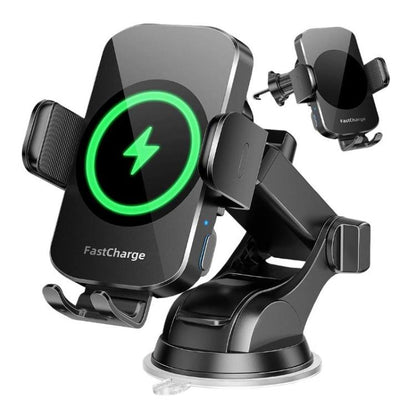 Wireless car phone charging mount with adjustable arms and green LED charging ring