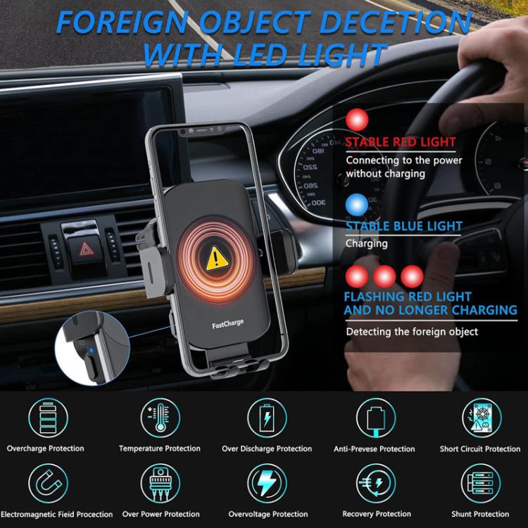 Car wireless charger mount with phone cradle and red/blue LED status indicators