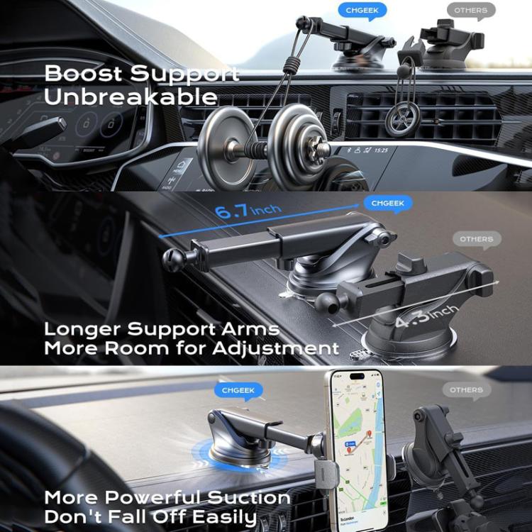 Car wireless charger mount with adjustable support arms and suction base