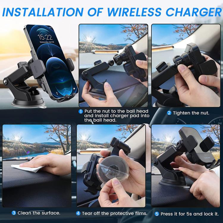 Wireless car charger installation kit with mount, phone cradle, and suction stand