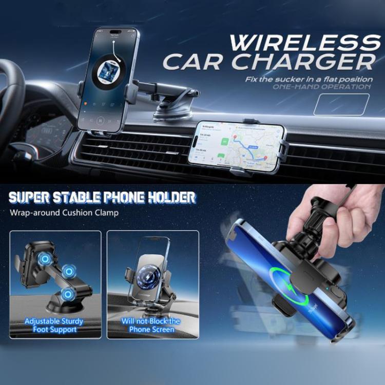 Wireless car charging phone holder with clamp mount and glowing charging light