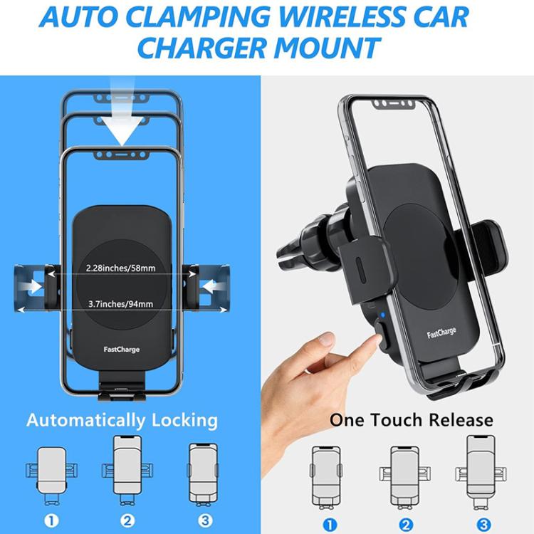 Auto-clamping wireless car charger mount with one-touch release phone cradle