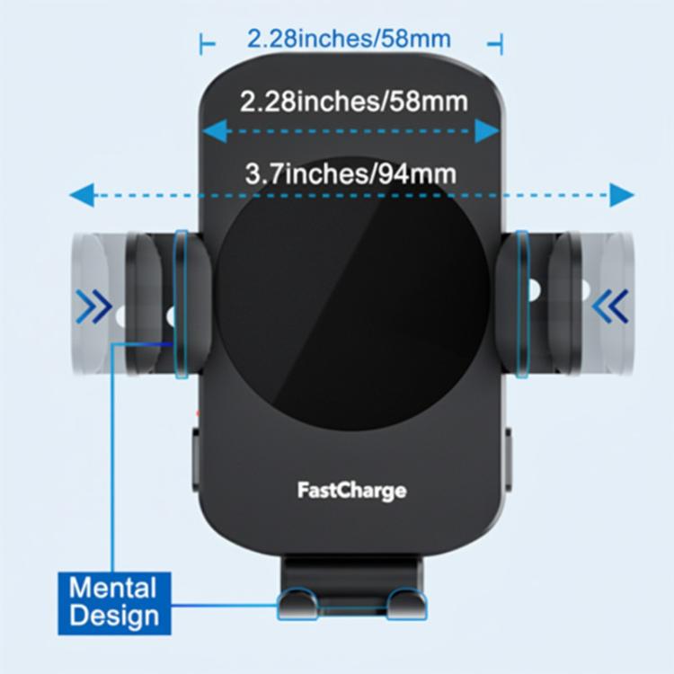 Wireless car charger mount with adjustable side arms for phone size fit