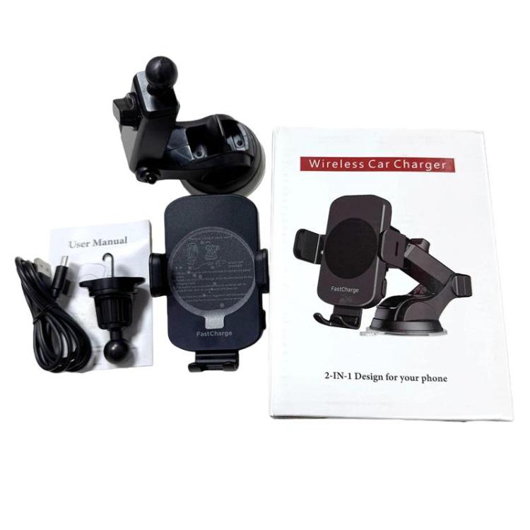 Wireless car charger kit with mount, suction base, user manual, and cables